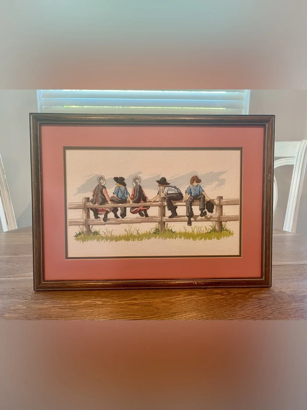 VTG Framed Cross Stitch Amish Schooldays  Vera Kirk Handmade Cottage Grandma